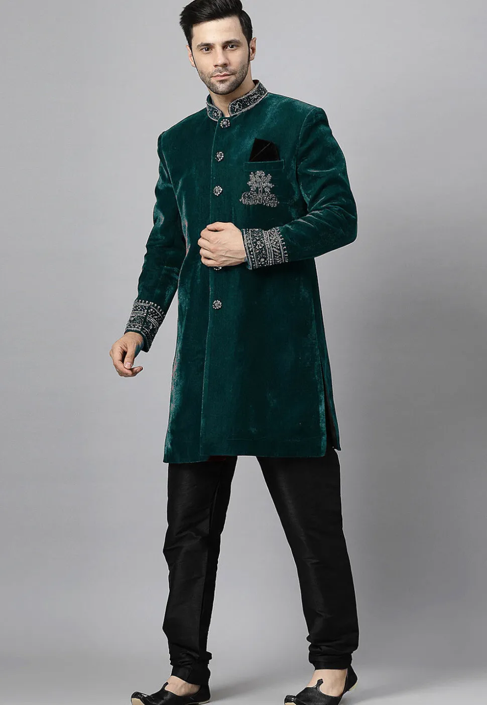 Embroidered Velvet Sherwani in Dark Teal Green