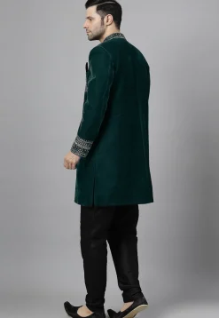 Embroidered Velvet Sherwani in Dark Teal Green