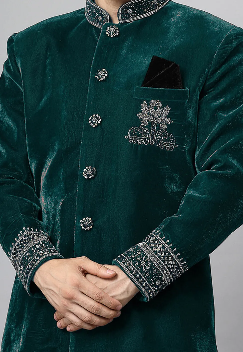 Embroidered Velvet Sherwani in Dark Teal Green
