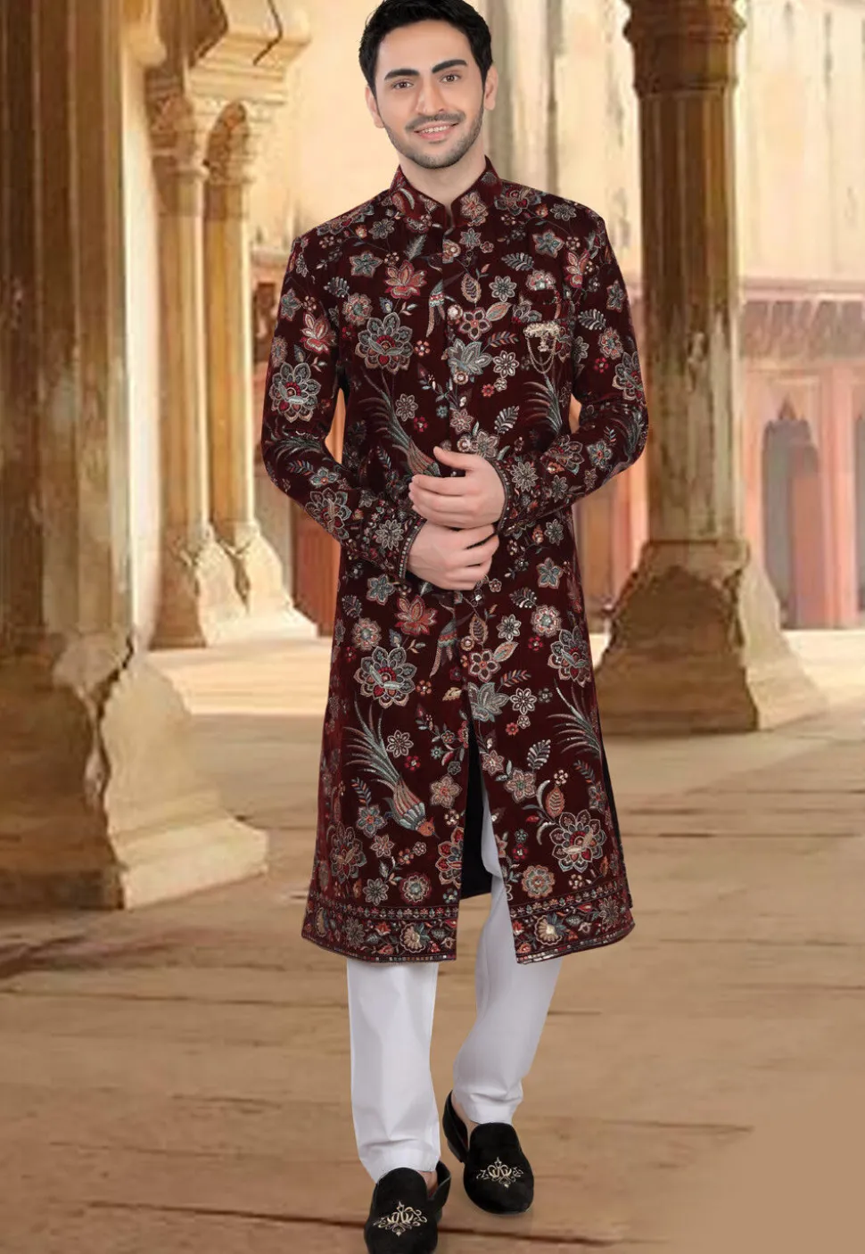 Embroidered Velvet Sherwani in Maroon