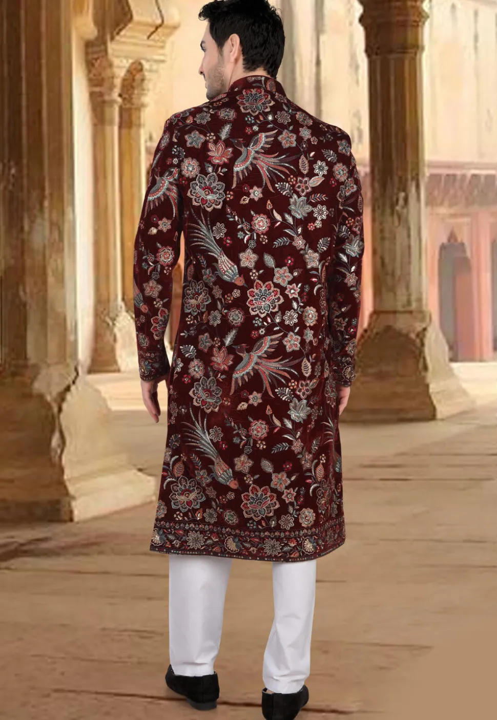 Embroidered Velvet Sherwani in Maroon