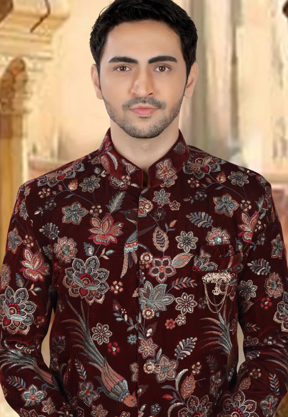 Embroidered Velvet Sherwani in Maroon