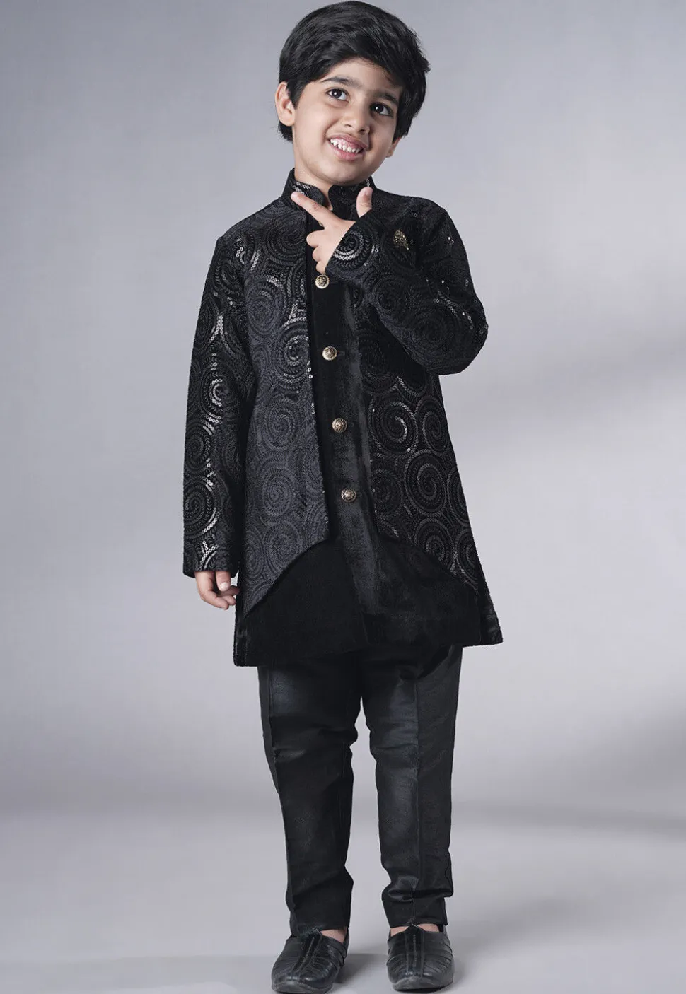 Embroidered Velvet Sherwani Set in Black