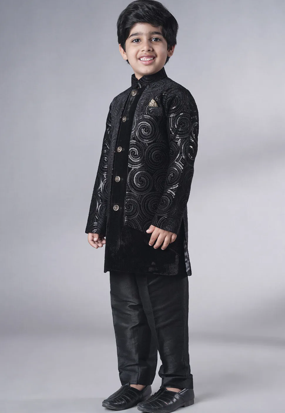 Embroidered Velvet Sherwani Set in Black