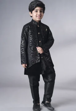 Embroidered Velvet Sherwani Set in Black