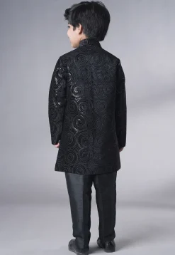 Embroidered Velvet Sherwani Set in Black