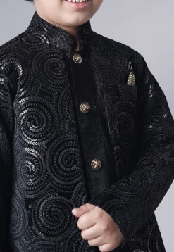 Embroidered Velvet Sherwani Set in Black