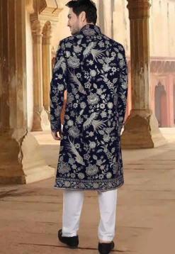 Embroidered Velvet Sherwani in Navy Blue