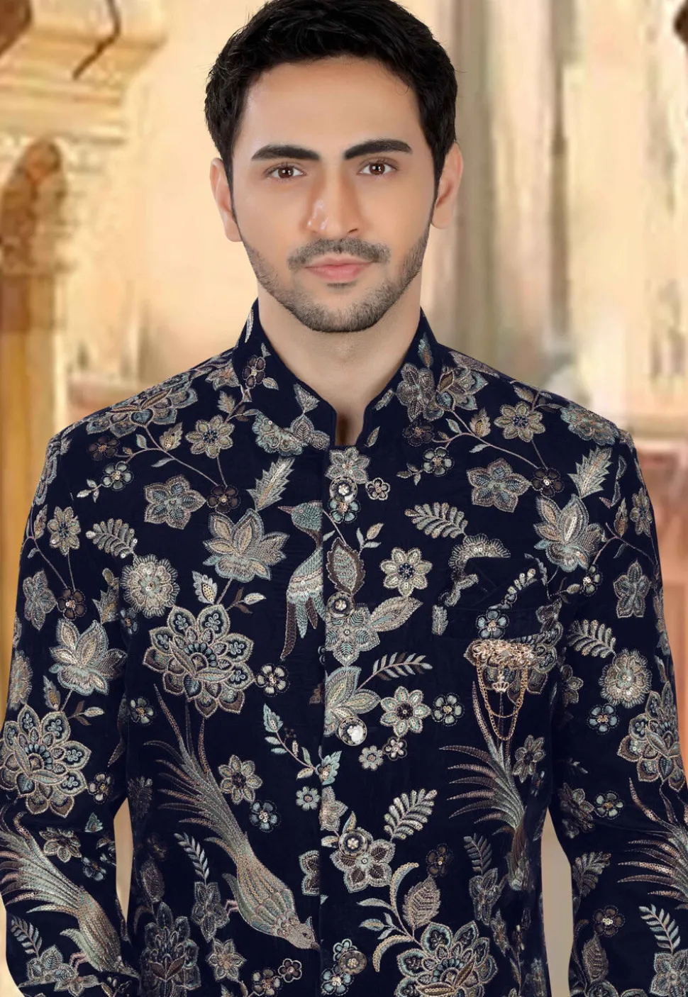 Embroidered Velvet Sherwani in Navy Blue