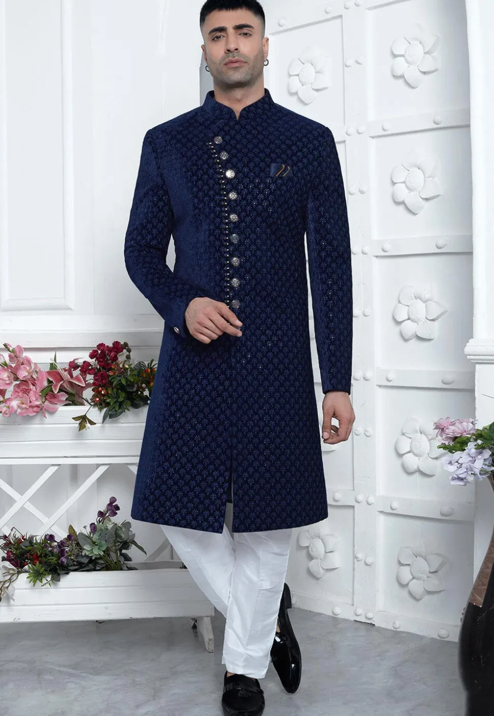 Embroidered Velvet Sherwani in Navy Blue