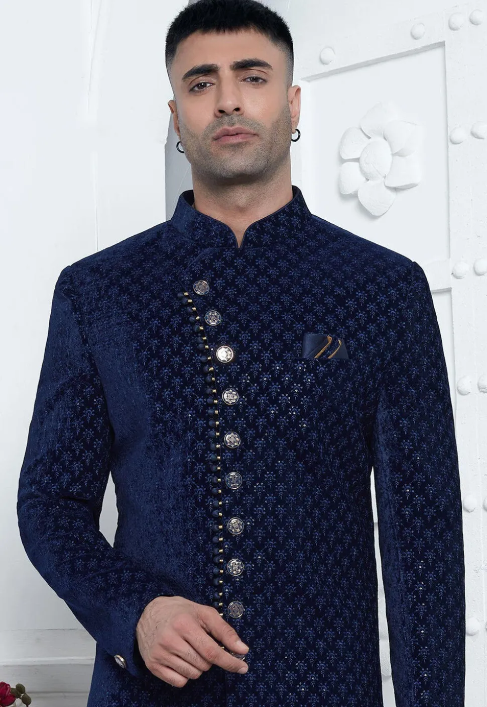 Embroidered Velvet Sherwani in Navy Blue