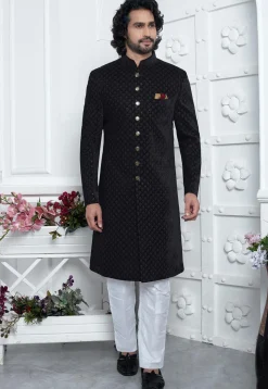 Embroidered Velvet Sherwani in Black