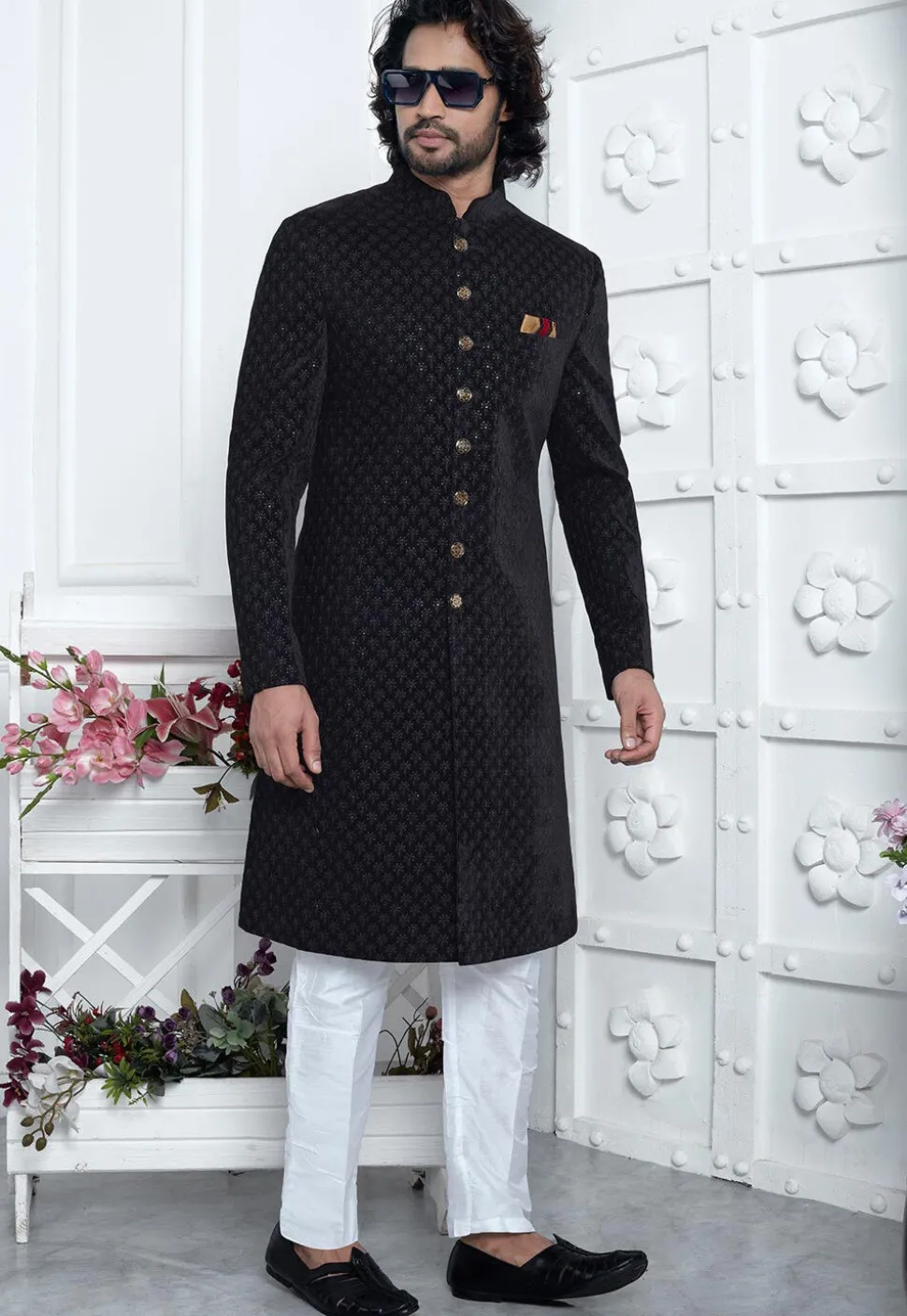 Embroidered Velvet Sherwani in Black