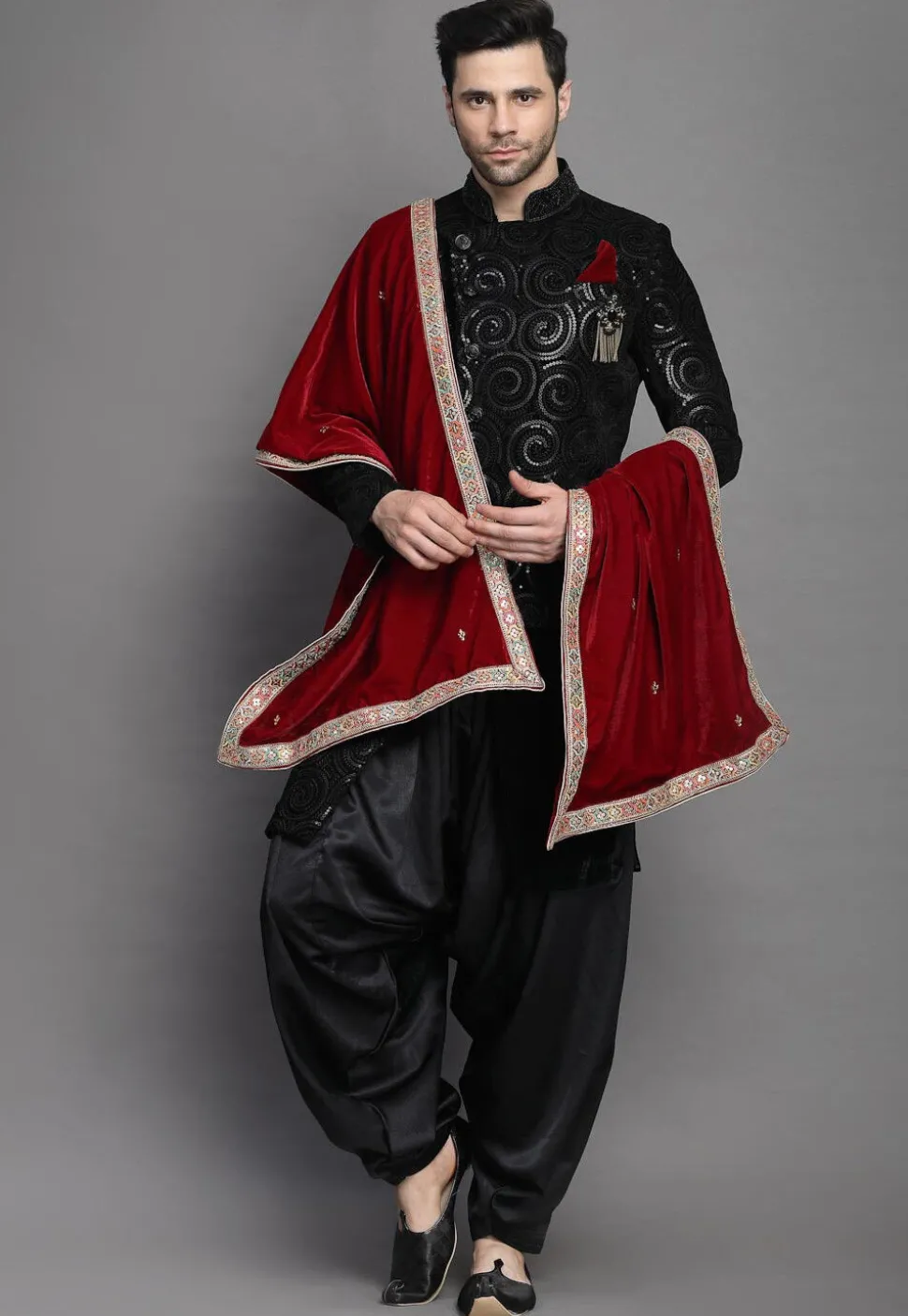 Embroidered Velvet Sherwani in Black