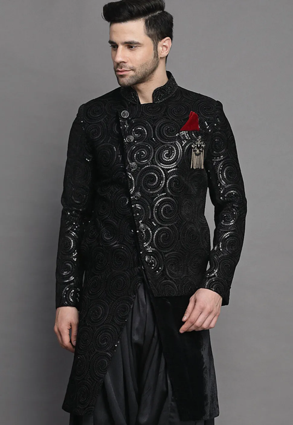 Embroidered Velvet Sherwani in Black