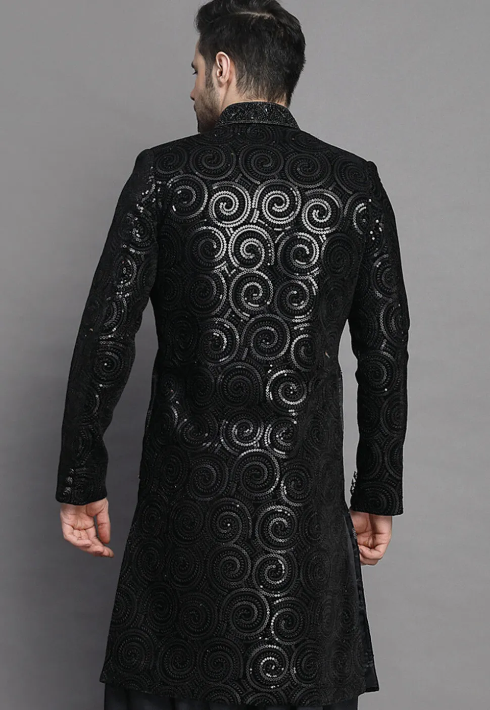 Embroidered Velvet Sherwani in Black