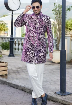 Embroidered Velvet Sherwani in Purple
