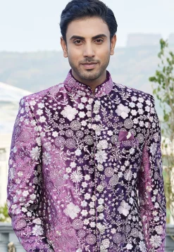 Embroidered Velvet Sherwani in Purple