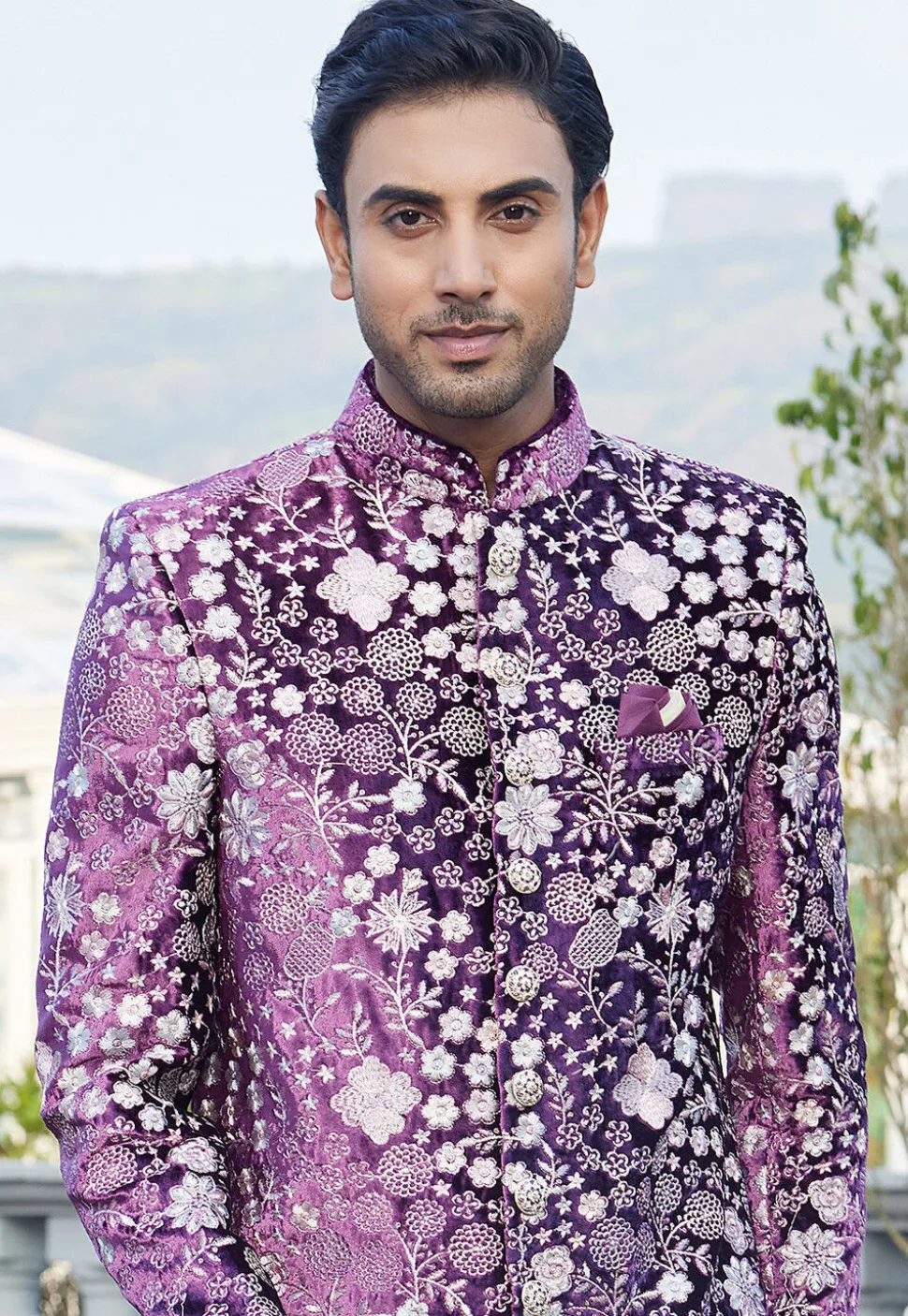 Embroidered Velvet Sherwani in Purple