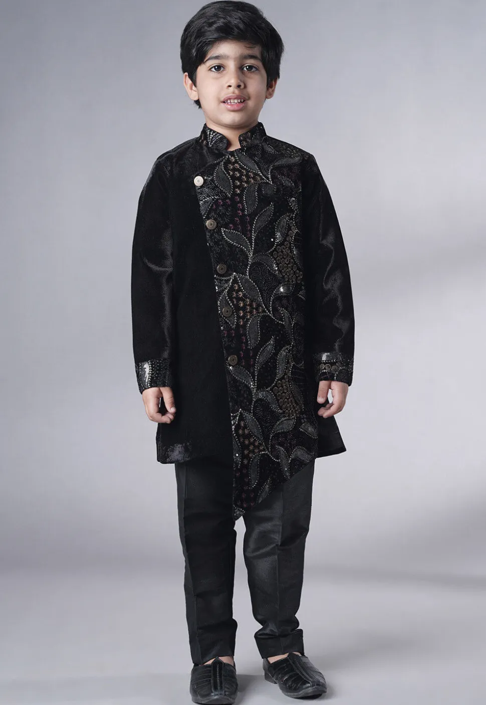 Embroidered Velvet Sherwani Set in Black