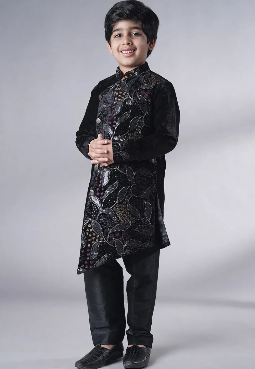 Embroidered Velvet Sherwani Set in Black
