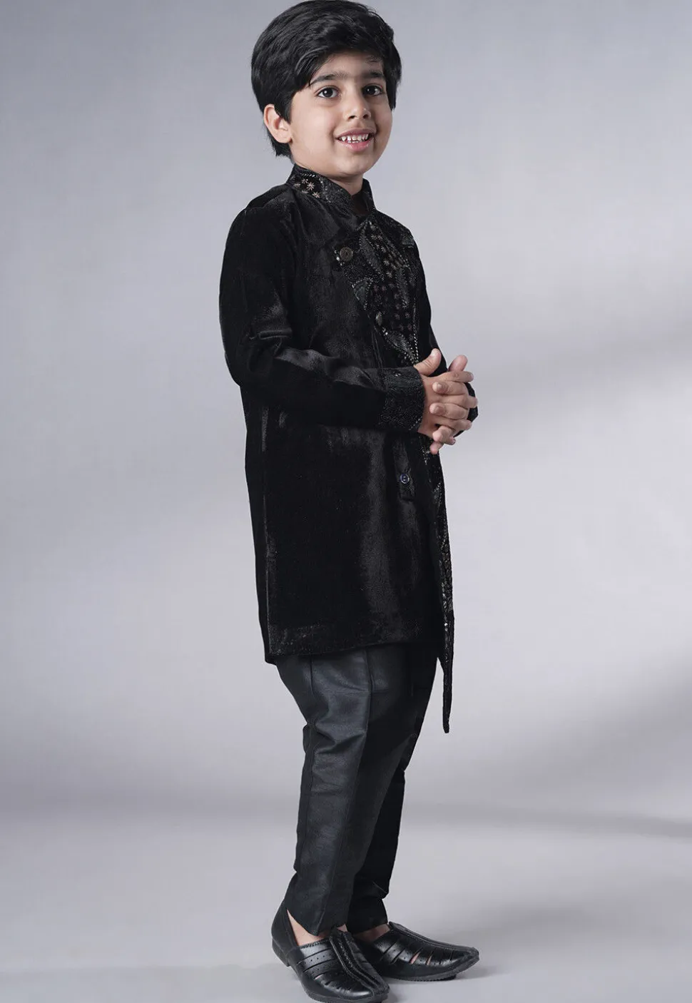 Embroidered Velvet Sherwani Set in Black