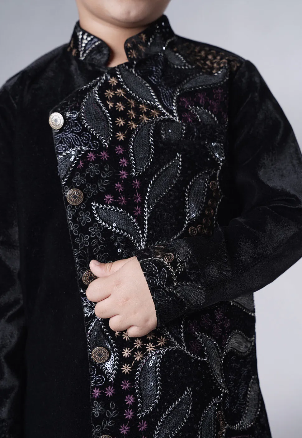Embroidered Velvet Sherwani Set in Black