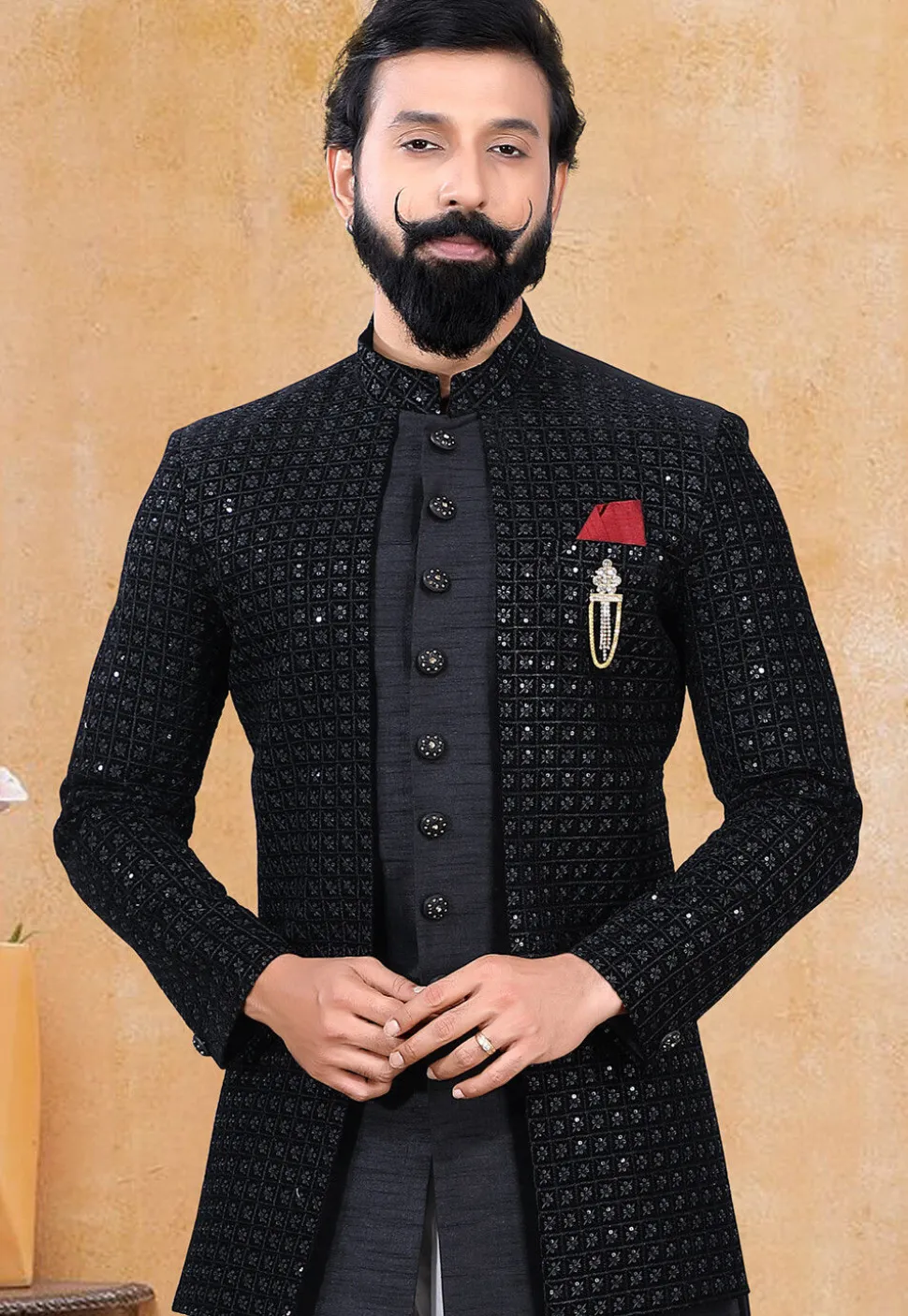 Embroidered Velvet Sherwani in Black