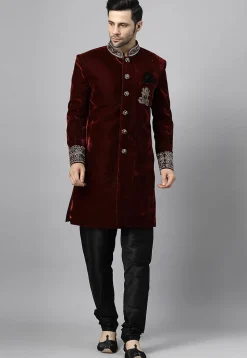 Embroidered Velvet Sherwani in Maroon