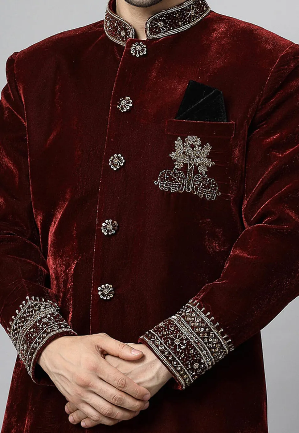 Embroidered Velvet Sherwani in Maroon