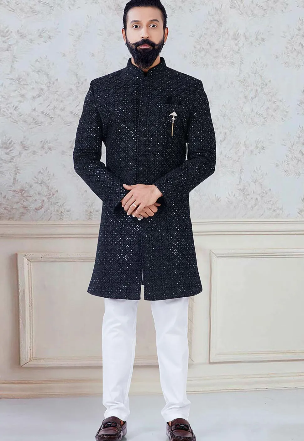Embroidered Velvet Sherwani in Black