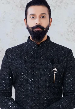 Embroidered Velvet Sherwani in Black