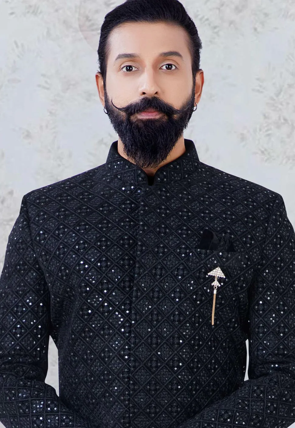 Embroidered Velvet Sherwani in Black