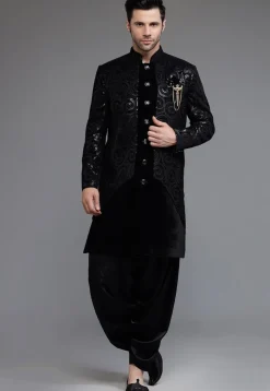 Embroidered Velvet Sherwani in Black