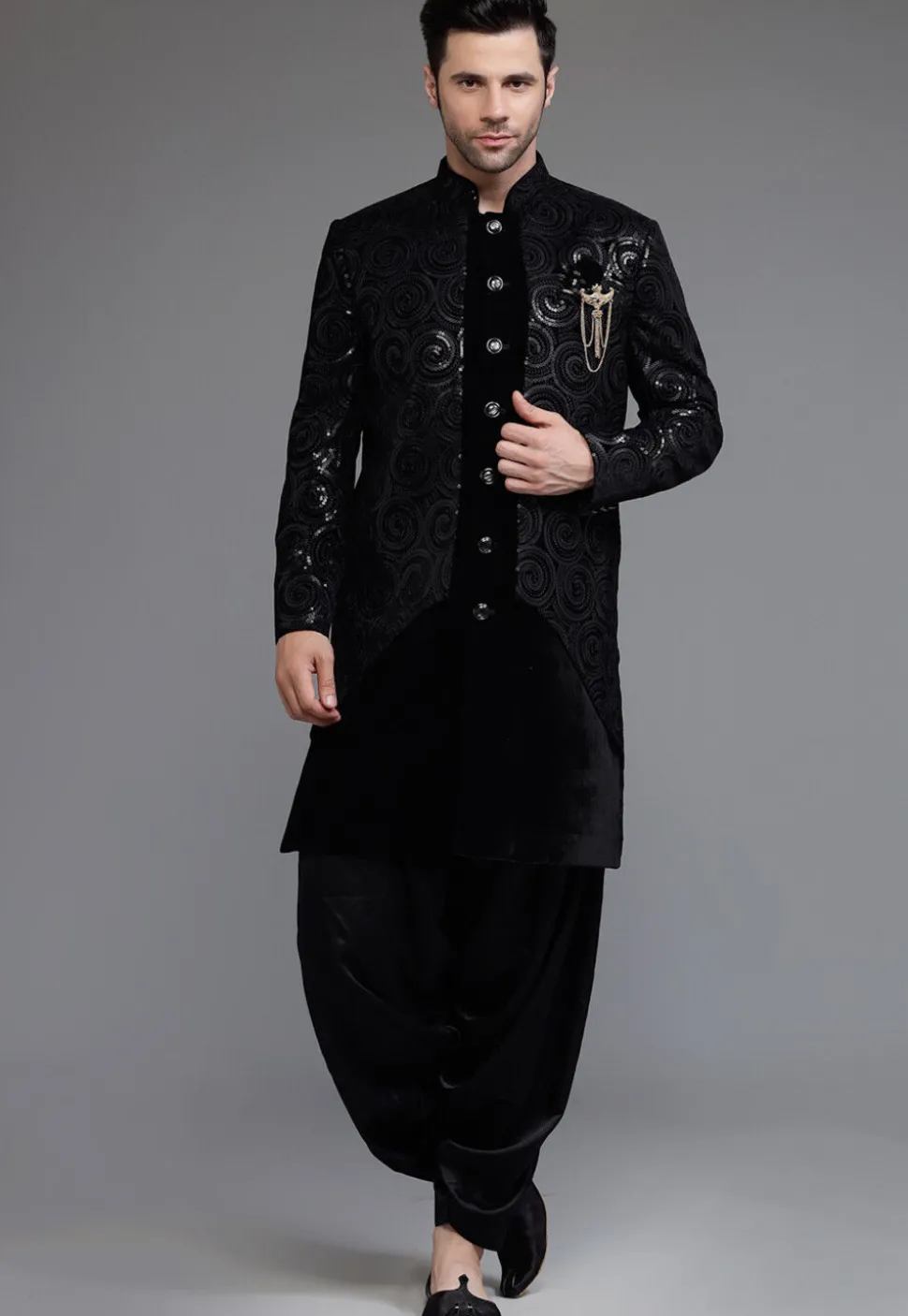 Embroidered Velvet Sherwani in Black