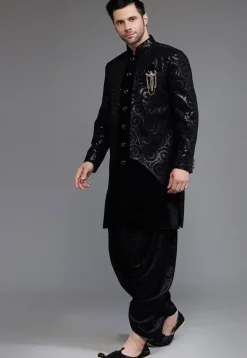 Embroidered Velvet Sherwani in Black
