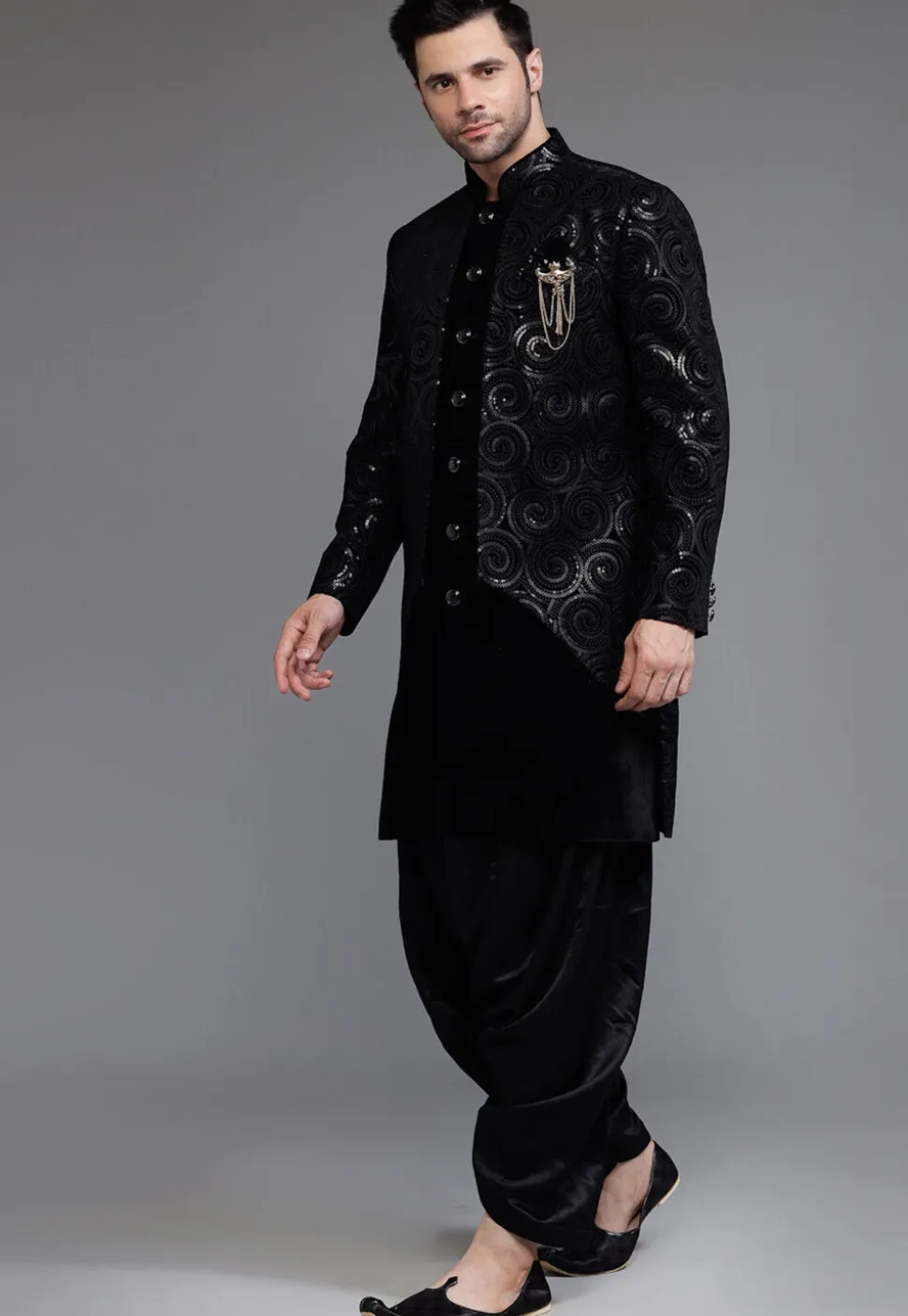 Embroidered Velvet Sherwani in Black