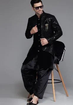 Embroidered Velvet Sherwani in Black