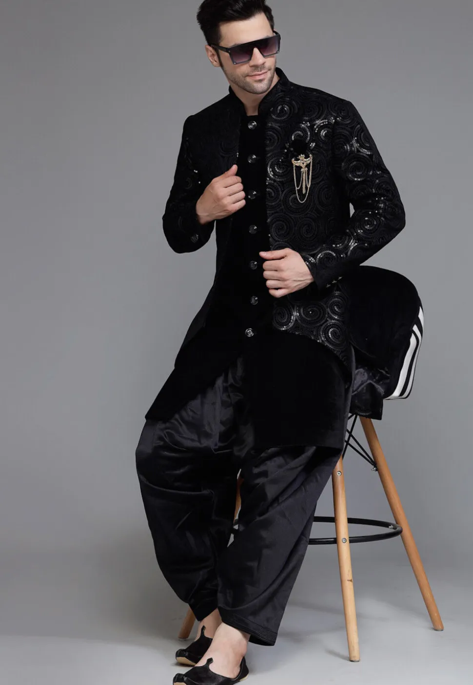 Embroidered Velvet Sherwani in Black