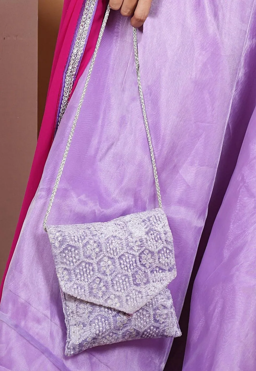 Embroidered Velvet Sling Bag in Grey
