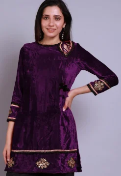 Embroidered  Velvet Straight Kurti in Purple