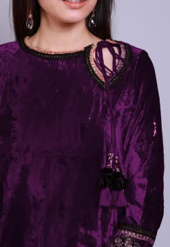 Embroidered  Velvet Straight Kurti in Purple