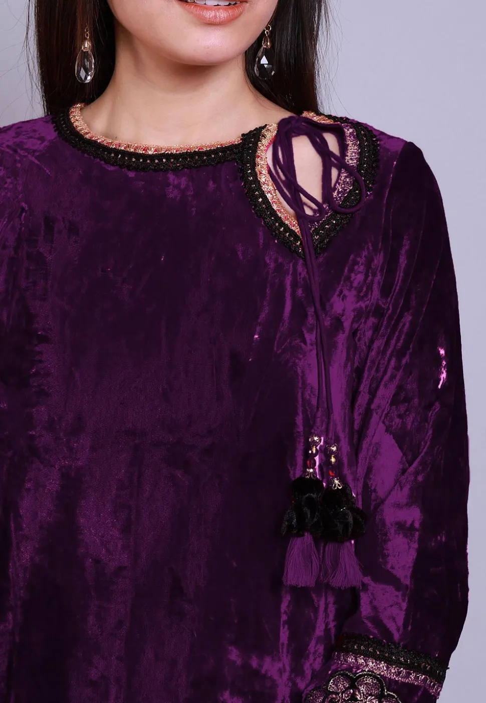 Embroidered Velvet Straight Kurti in Purple