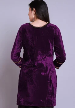 Embroidered Velvet Straight Kurti in Purple