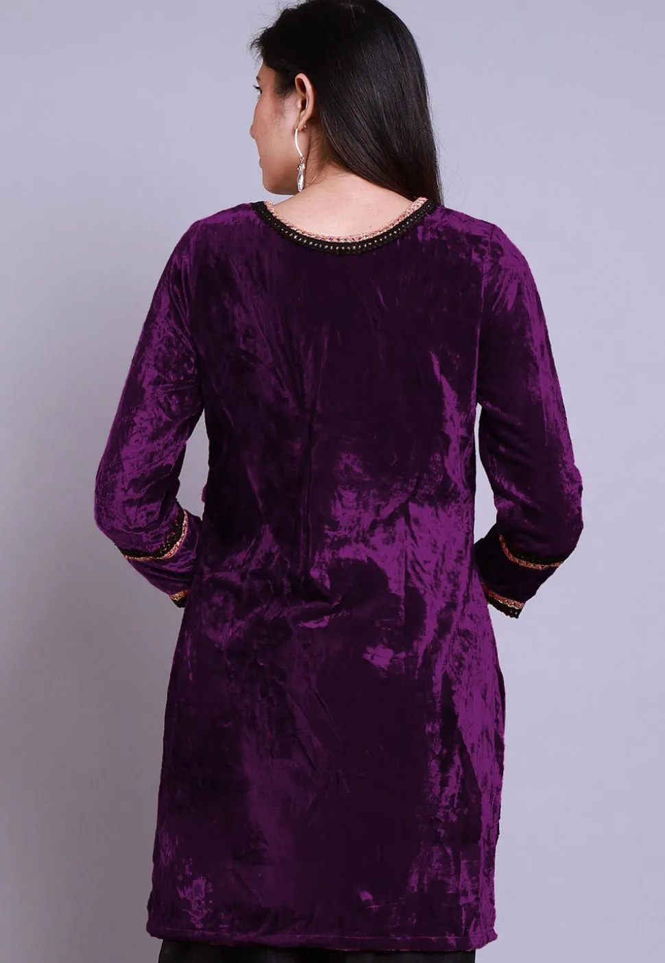 Embroidered Velvet Straight Kurti in Purple