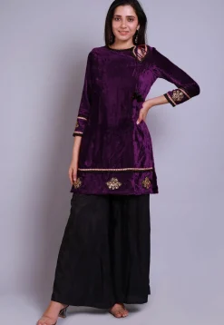 Embroidered Velvet Straight Kurti in Purple