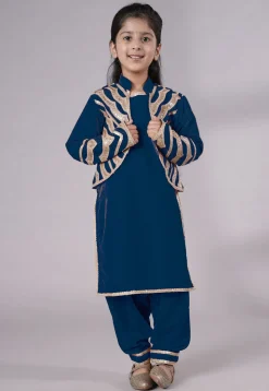 Embroidered Velvet Straight Kurta Set in Teal Blue