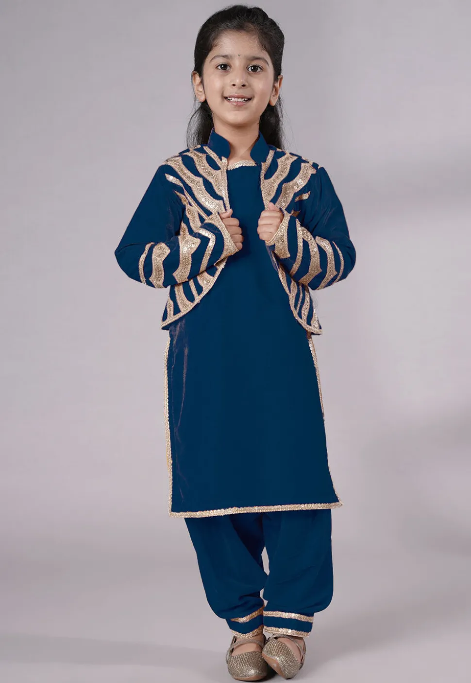 Embroidered Velvet Straight Kurta Set in Teal Blue