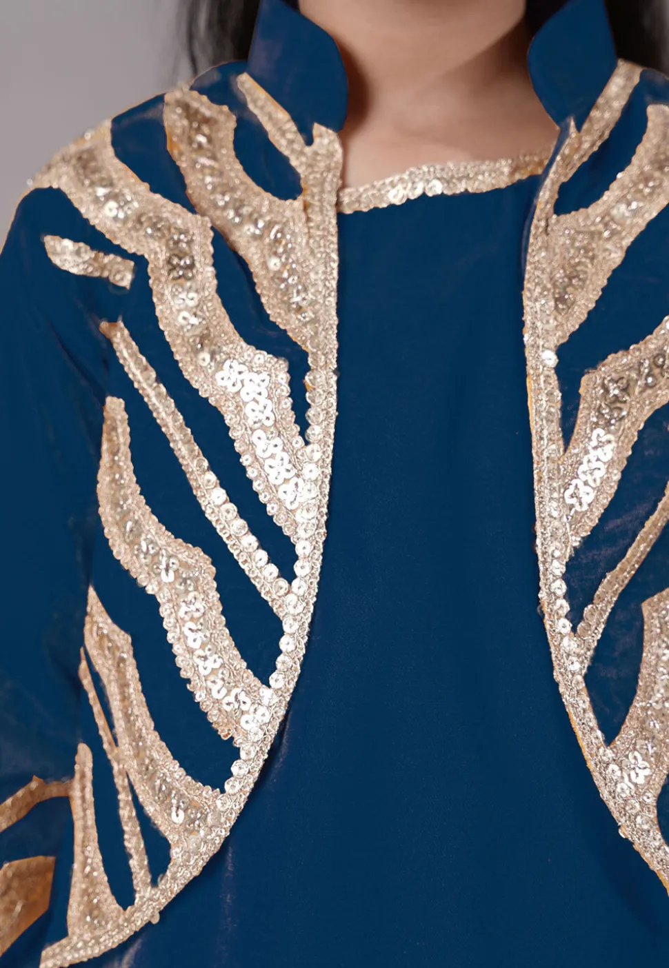 Embroidered Velvet Straight Kurta Set in Teal Blue