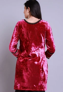 Embroidered Velvet Straight Kurti in Fuchsia